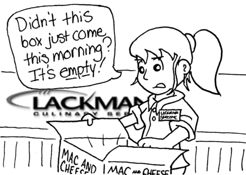 A female Lackmann Culinary Services employee looks into a box labeled "Mac and Cheese": "Didn't this box just come this morning? It's _empty_!"