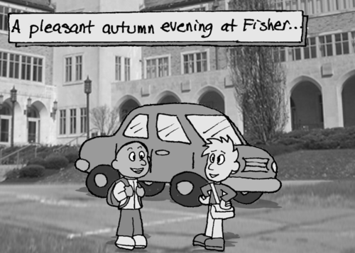 "A pleasant autumn evening at Fisher..." Two students chat amicably near a car in front of the Kearney building at St. John Fisher College.
