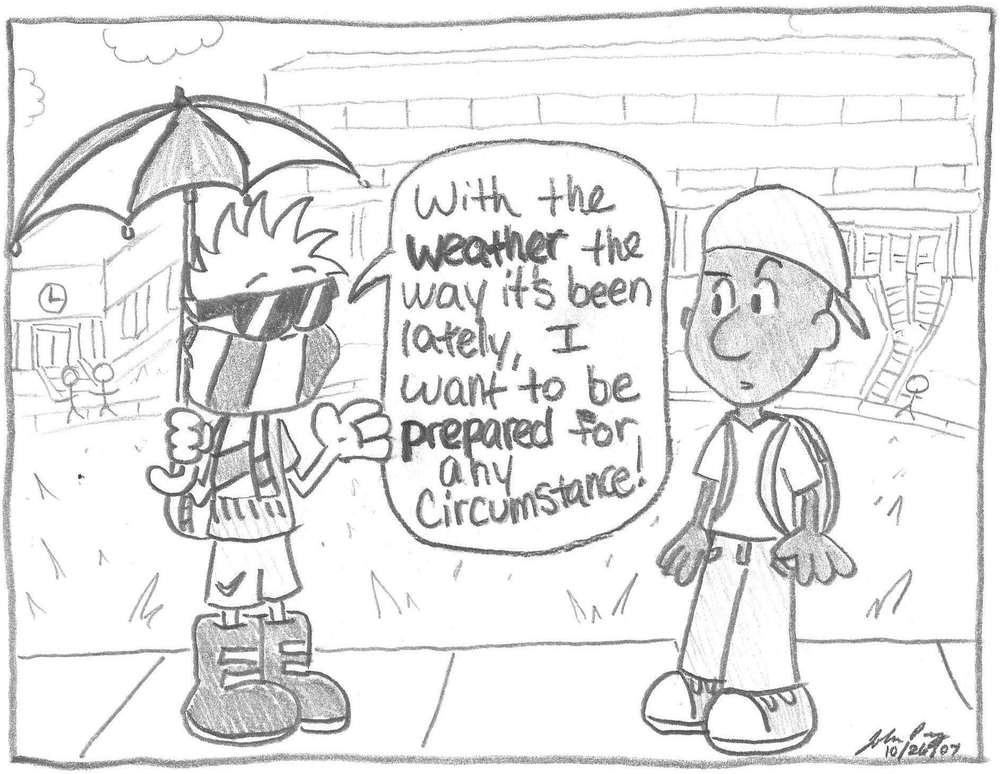 A student wearing shorts, rain boots, a T-shirt, a scarf, and sunglasses and holding an open umbrella explains, "With the weather the way it's been lately, I want to be prepared for any circumstance!" (LeChase Court, Lavery Library, the Campus Center and a mostly-clear sky are in the background.)