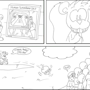Frame 1: A squirrel uses his Human Surveillance Unit to watch a human playing Wii Sports Bowling. Frame 2: The squirrel has an idea! Frame 3: A group of touring students stands below, looking oddly like a group of bowling pins. The squirrel, from a branch above, rolls a large acorns with three finger-holes. "C'mon, baby! Strike!"