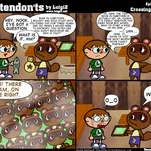 Frame 1: Boy: "Hey, Nook. I've got a question." Raccoon: "What is it, hm?" Boy: "Back in CubeTown, I bought and sold stuff with you every day for three years, and yet when I moved here to Entropy, you acted like you didn't recognize me. Why is that?" Frame 2: Nook: "Oh, haha. The Tom Nook in CubeTown is actually my, uh, cousin. It's family tradition that every Nook boy moves away to start a shop of his own." Boy: "Uhh..." Nook: "Here, I show to you the most recent Nook family portrait." Frame 3: A group portrait depicts over a dozen identical raccoons. Nook "See! There I am, on the right." Frame 4: Boy looks disturbed/terrified. Nook: "...What?"