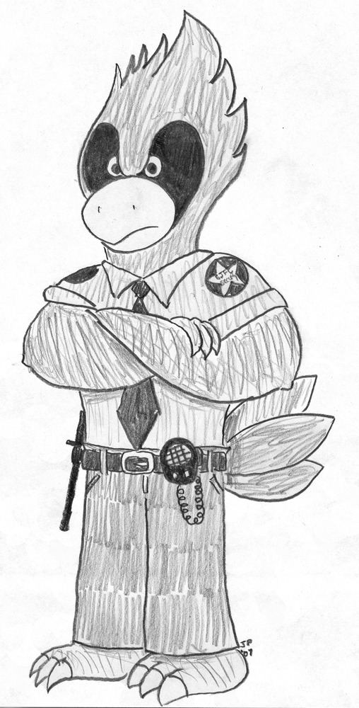 A burly cardinal wearing a security uniform stands with his arms crossed. He wears a baton and walkie-talkie on his belt. A patch on his shoulder reads "SJFC Security".