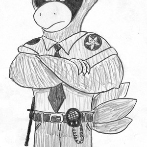 A burly cardinal wearing a security uniform stands with his arms crossed. He wears a baton and walkie-talkie on his belt. A patch on his shoulder reads "SJFC Security".