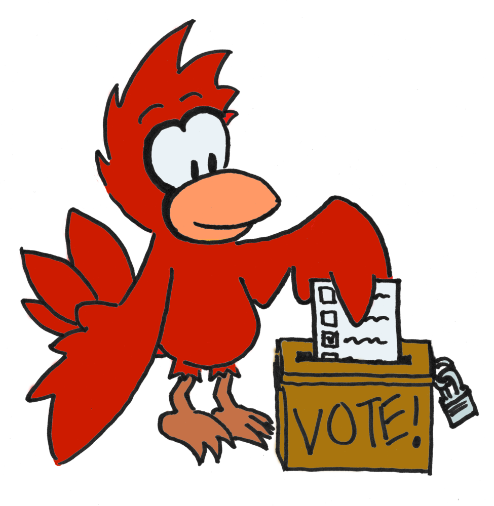 A cardinal casts his paper ballot in an old-fashioned wooden voting box with a slot in the top and a padlock keeping it closed. The box reads "VOTE!".