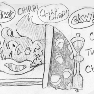 A squirrel lays in bed, unable to sleep for all the racket: "CAW!" "TWEET!" "CHIRP CHIRP!" "CAW!" ...
