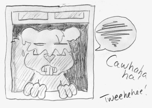 The squirrel, still with his head out the window, is now covered in bird poop. He's not very happy about it. "Cawhahaha!" "Tweehehee!"