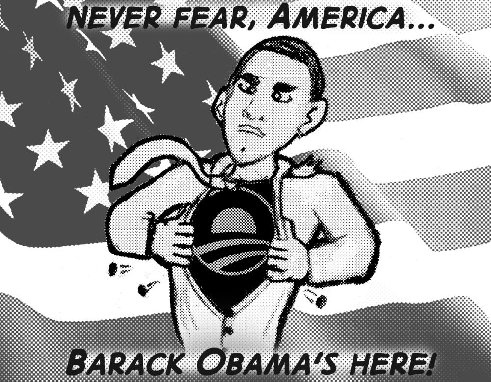 "Never fear, America..." Presidential candidate Barack Obama rips open his button-down shirt, revealing a Superman-like uniform below with his campaign logo beneath. "Barack Obama's here!"