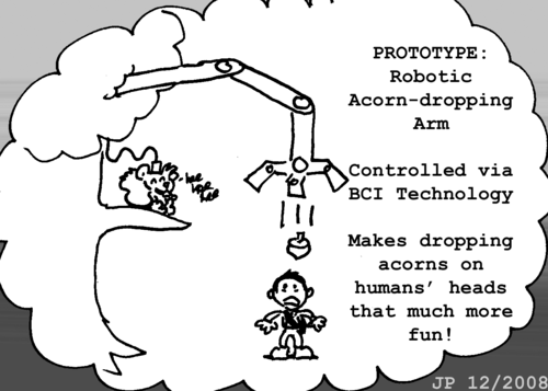 Skip's imagination: "PROTOTYPE: Robotic Acorn-dropping Arm. Controller via BCI Technology. Makes dropping acorns on humans' heads that much more fun!" Skip stands in a tree, a cable plugged directly into his head. A large robotic arm emerges from the tree's upper branches and drops a single acorn on the head of a human below. Skip giggles.