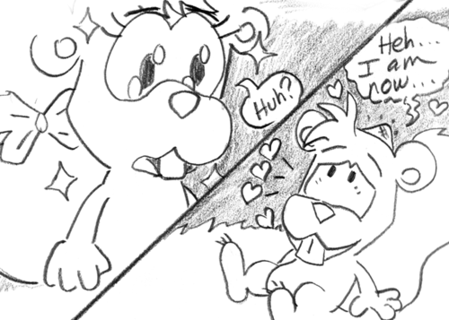 Skip, with hearts floating around his head: "Heh... I am now..." Female squirrel, all sparkly and pretty from Skip's perspective: "Huh...?"