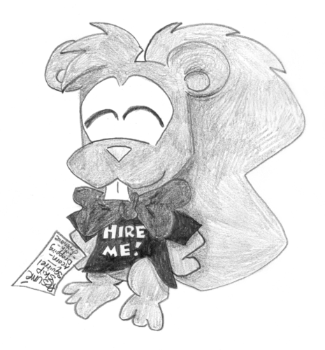 Skip Squirrel grins, wearing a "HIRE ME!" t-shirt and a bow tie and holding his resumé which lists "acorn-dropping" as his main occupation.