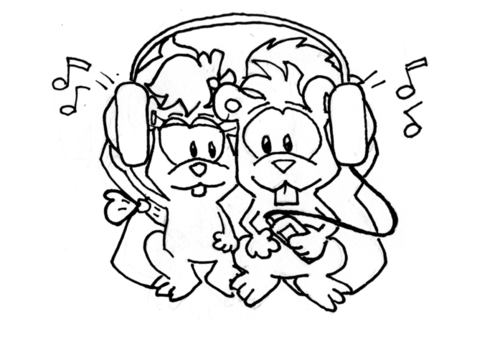 The two squirrels snuggle close and share the one pair of headphones, listening to the music.