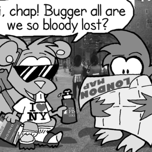 Inside the Tower of London. British soliders wearing the traditional garb march in the background. Cal reads a London Map. Skip is wearing sunglasses, an "I Love NY" t-shirt, socks and sandals, a large camera, and is holding a London guidebook and a St. John Fisher College water bottle. Skip: "Oi, chap! Bugger all are we so bloody lost?"