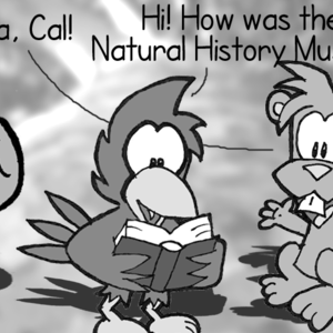 Cal is reading a book. Skip: "Heya, Cal!" Cal: "Hi! How was the Natural History Museu--"