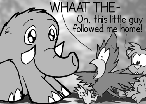 A creature resembling a young, furry elephant twice Cal's height is standing next to him. Cal, very shocked: "WHAAT THE--" Skip: "Oh, this little guy followed me home!"