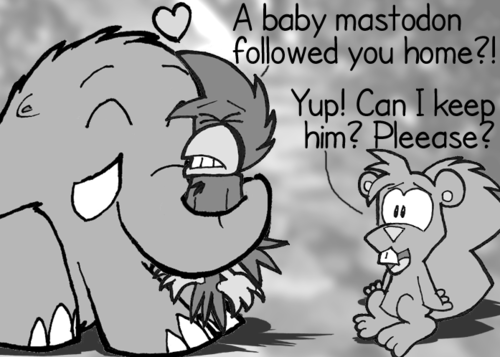 The mastodon is now giving Cal a strong, loving squeeze with his trunk. Cal, flinching: "A baby mastodon followed you home?!" Skip, worried: "Yup! Can I keep him? Pleease?"