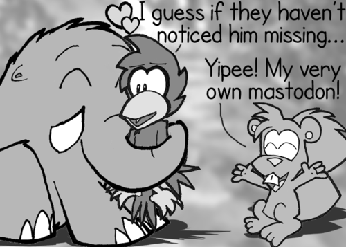 Still being squeezed, Cal smiles. Cal: "I guess if they haven't noticed him missing..." Cal: "Yipee! My very own mastodon!"