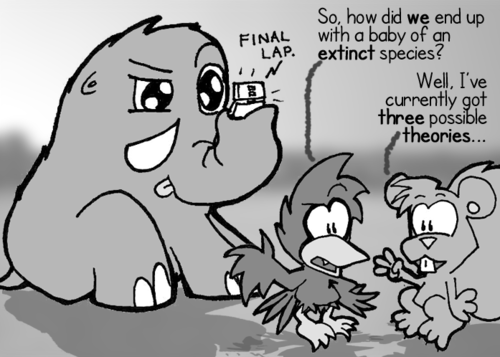 The baby mastodon concentrates hard on the Nintendo DS he is playing with his trunk. The DS says, "FINAL LAP." Cal: "So, how did we end up with a baby of an extinct species?" Skip: "Well, I've currently got three possible theories."