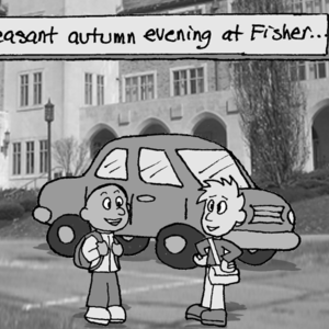 "A pleasant autumn evening at Fisher..." Two students chat amicably near a car in front of the Kearney building at St. John Fisher College.