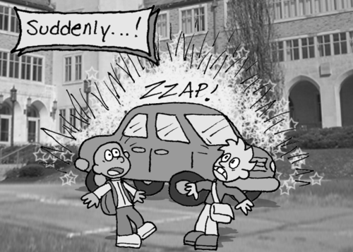 "Suddenly...!" There is a blinding flash behind and above the car, with a "ZZAP!". The students are very startled.