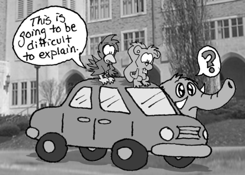 Cal and Skip look behind the car. The baby mastodon peeks out, confused. Cal: "This is going to be difficult to explain."