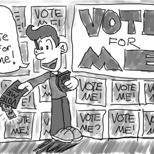 A student is handing out flyers to passerby, saying, "Hi! Vote for me!" He is surrounded by large posters that read, "VOTE FOR ME!". A few dollar bills poke out of the flyer he's holding out to a passing student.
