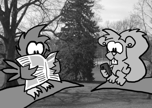 It's sunny. Cal perches on a branch reading the Cardinal Courier newspaper. Skip is on a nearby branch reading something on a smartphone.