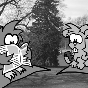 It's sunny. Cal perches on a branch reading the Cardinal Courier newspaper. Skip is on a nearby branch reading something on a smartphone.