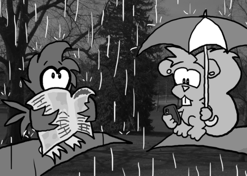 It's dark and raining. Cal looks surprised. His paper gets soggy and the ink starts to run. Skip has an umbrella and continues reading.