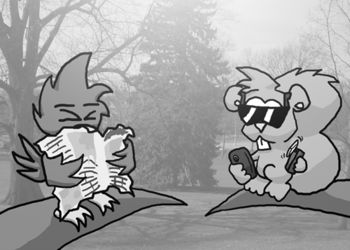 The sun blisters down. Cal flinches. His ruined paper dries up all crinkled in his hands/wings. Skip has sunglasses and a handheld electric fan. He reads his phone uninterrupted.