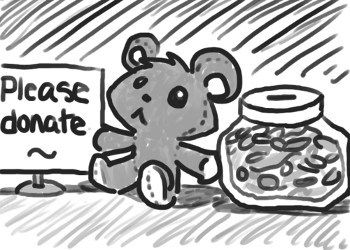 A sign reads "Please donate". A cute Teddi bear sits next to the sign, as does a jar of coins with a slotted top.