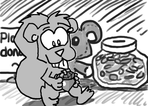 Skip walks by, grinning at a tasty-looking acorn he's holding.