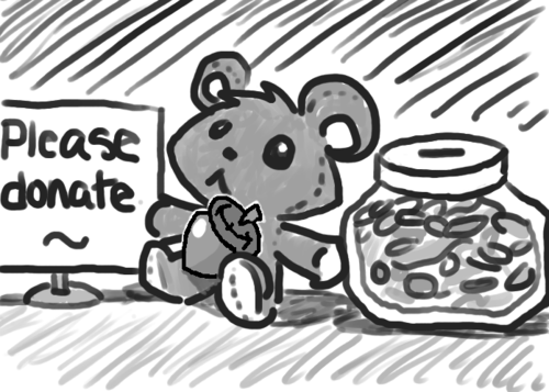 Skip is gone. The sign, bear, and jar remain as they were before. The bear now has an acorn in its lap.