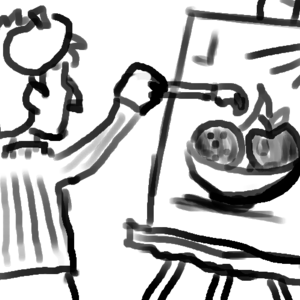 A man wearing a beret and holding a palette paints a bowl of fruit.
