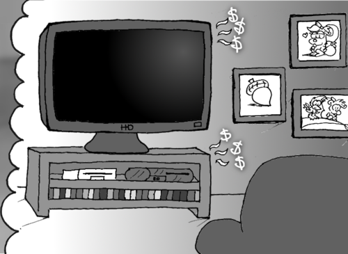 The interior of what seems to be Skip's house. There's a large HDTV, a Wii, and a PlayStation 3, all three giving off an aura of money: "$$$".