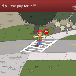A middle-aged crossing guard stands in the middle of a crosswalk with arms outstretched and STOP sign upheld. There are neither cars not pedestrians anywhere in sight. The tagline reads, "Safety. We pay for it.™" with a St. John Fisher College logo.