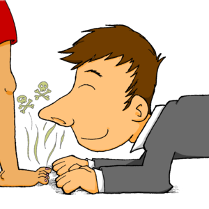 A man is on his elbows on the ground, delightedly sniffing the exposed toes of a woman of whom we only see the bottom of her red dress and her leg.