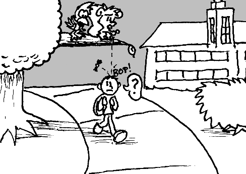 Zoom out. The piece of candy falls from Skip's paws in the tree, and bounces harmlessly of a passing student's head with a little "bop!" The student looks confused but undisturbed.
