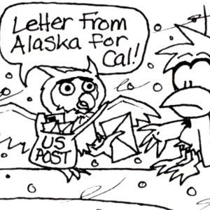 A Mail Owl lands and pulls a letter from its "US Post" bag. "Letter from Alaska for Cal!" Cal takes the letter with a confused look.