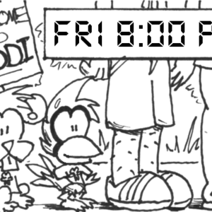 [Fri 8:00 PM] Skip and Cal wait in line with the much taller human students to enter the Teddi Dance for Love. They look cheerful, wearing their Teddi shirts, while they sweat in the sun.