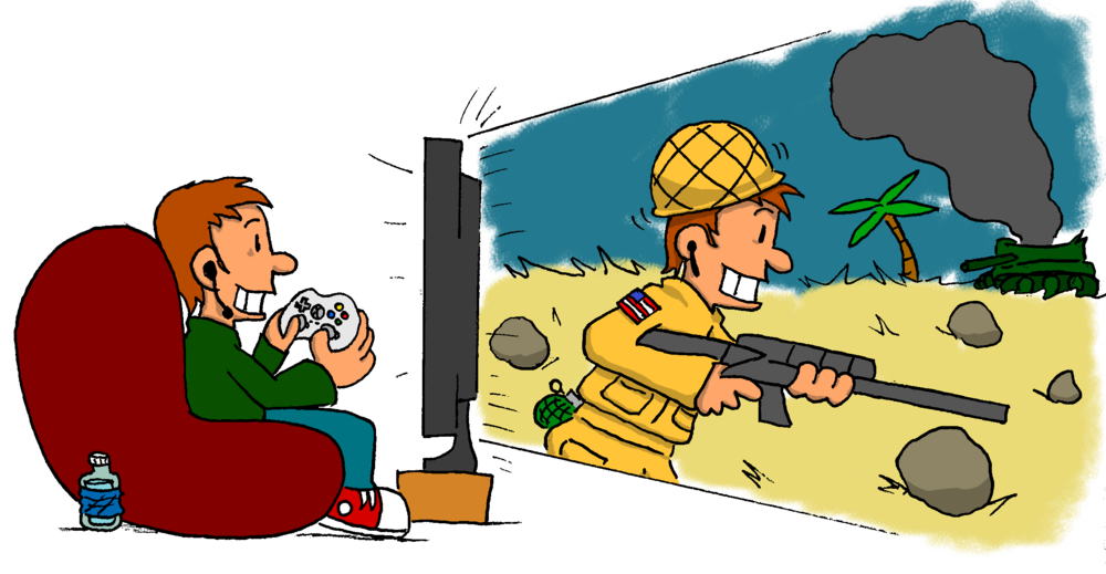 A red-headed guy lounges in a beanbag chair, holding his Xbox 360 video game controller. Grinning and having a great time, he gazes through his large TV screen, where he sees himself as an American soldier running through a desert wasteland, holding a rifle. The solider is also grinning and having a great time. A smoldering tank can be seen in the background.