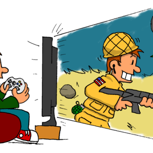 A red-headed guy lounges in a beanbag chair, holding his Xbox 360 video game controller. Grinning and having a great time, he gazes through his large TV screen, where he sees himself as an American soldier running through a desert wasteland, holding a rifle. The solider is also grinning and having a great time. A smoldering tank can be seen in the background.