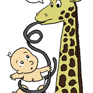 A giraffe sticks out a very, very long tongue, which is wrapped lightly around a human baby wearing a diaper. The two creatures look at one another, clearly confused about the situation.