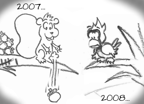 "2007..." Cal watches Skip drop an acorn on passerby for the first time. "2008..."