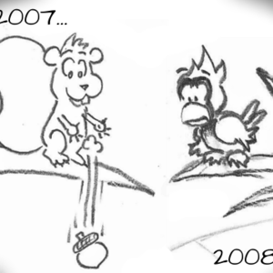 "2007..." Cal watches Skip drop an acorn on passerby for the first time. "2008..."