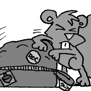 Skip the Squirrel struggles to hold closed a bulging, overfilled suitcase.